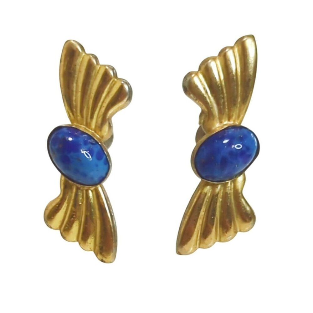 Vintage Gold Tone Earrings With Blue Cabochon and Sterling Screw Backs